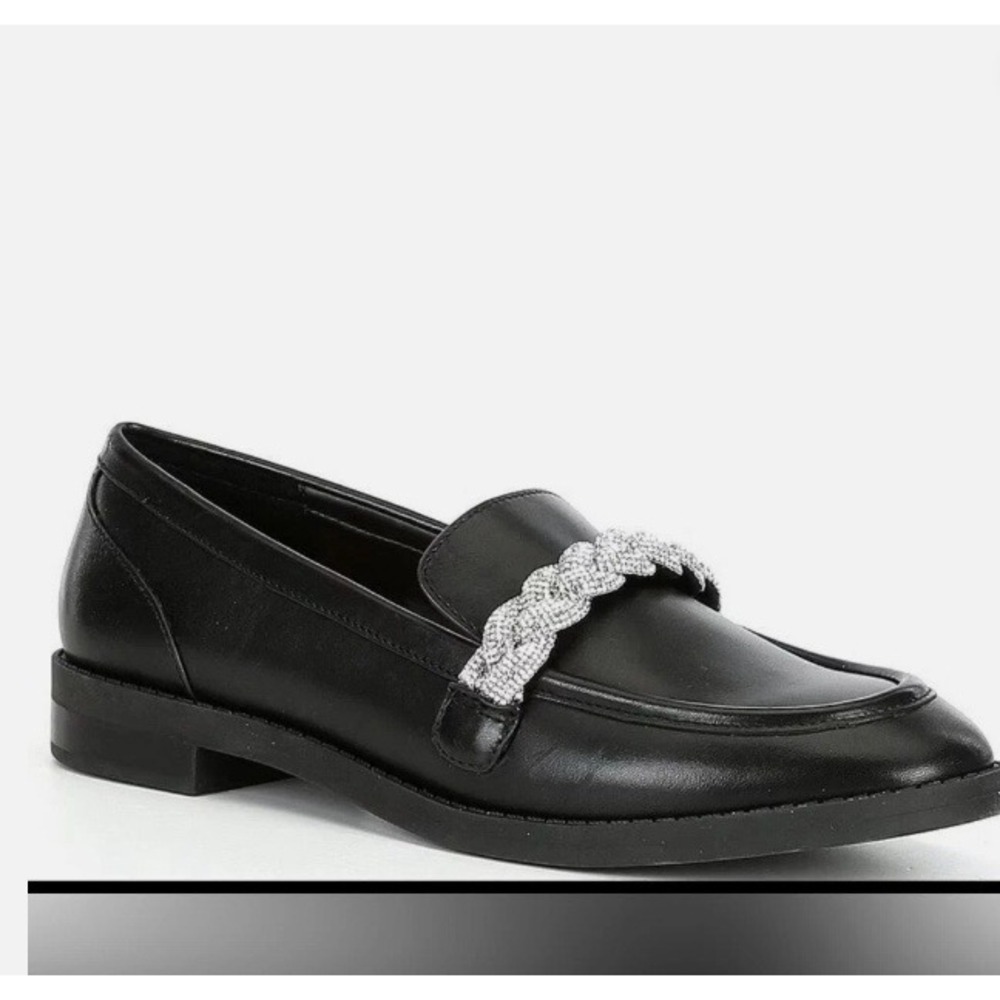 Gianni Bini Bristow‎ Black Leather Loafers Rhinestone Chain Detail Women Size 6M
